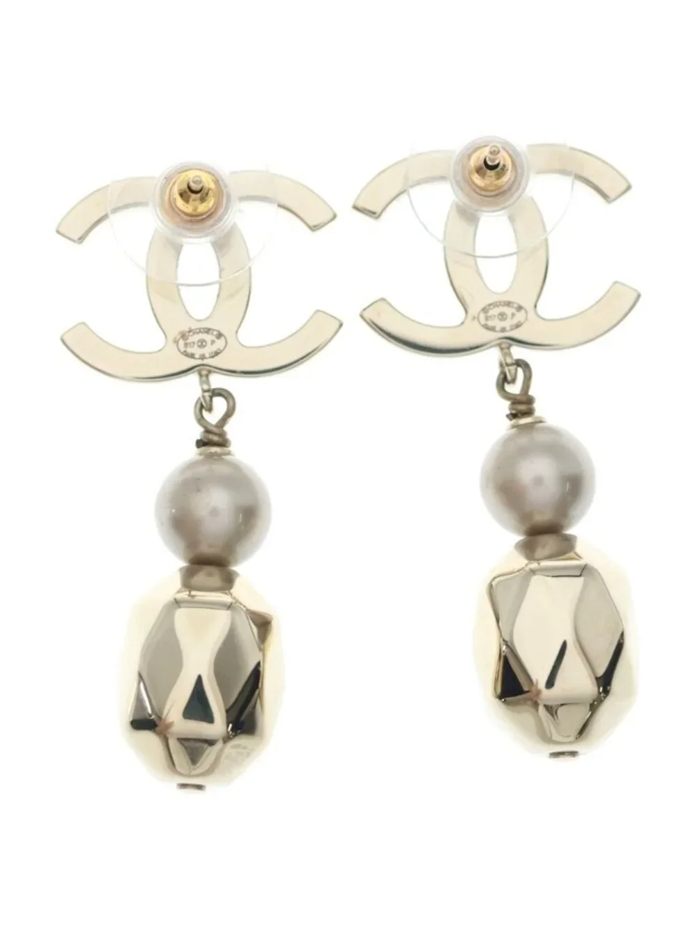 Chanel CC Logo Pearl Earrings Gold